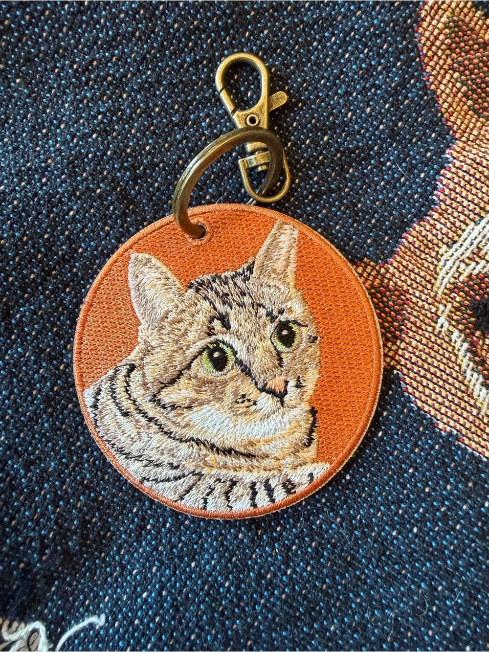 Double-sided Embroidered Cat Keychain Charm - Orange